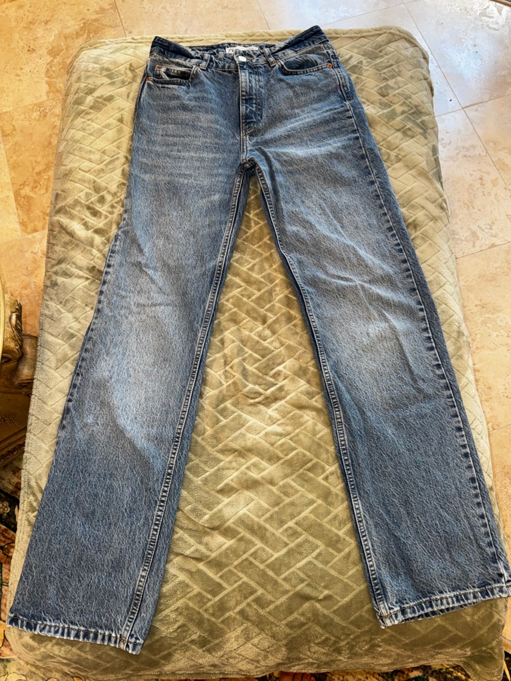 ZARA High Rise Straight Leg Jeans Women’s 4 26 Blue Vintage Wash Wide Leg Denim